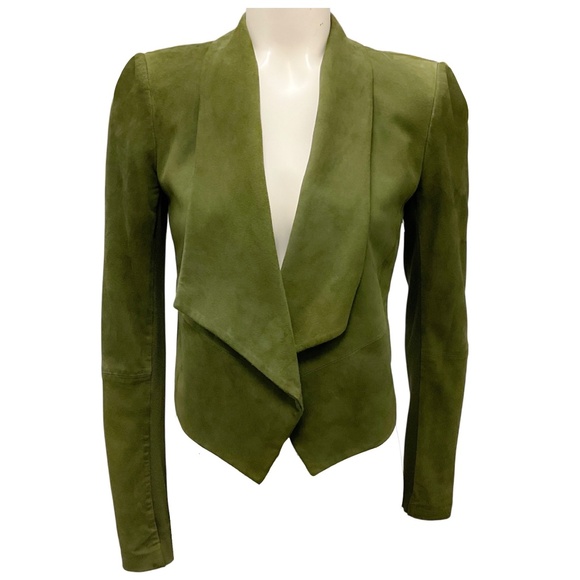 ALICE + OLIVIA GREEN HARVEY CROPPED OPEN FRONT GOAT SUEDE LEATHER JACKET - Picture 1 of 5